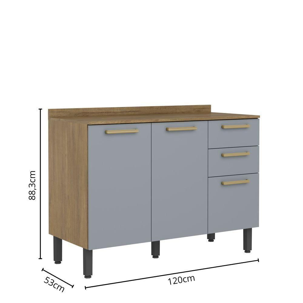 Balcão Com Tampo 3 Portas 2 Gavetas Grey Sky Axé Bertolini Cinza Carvalho