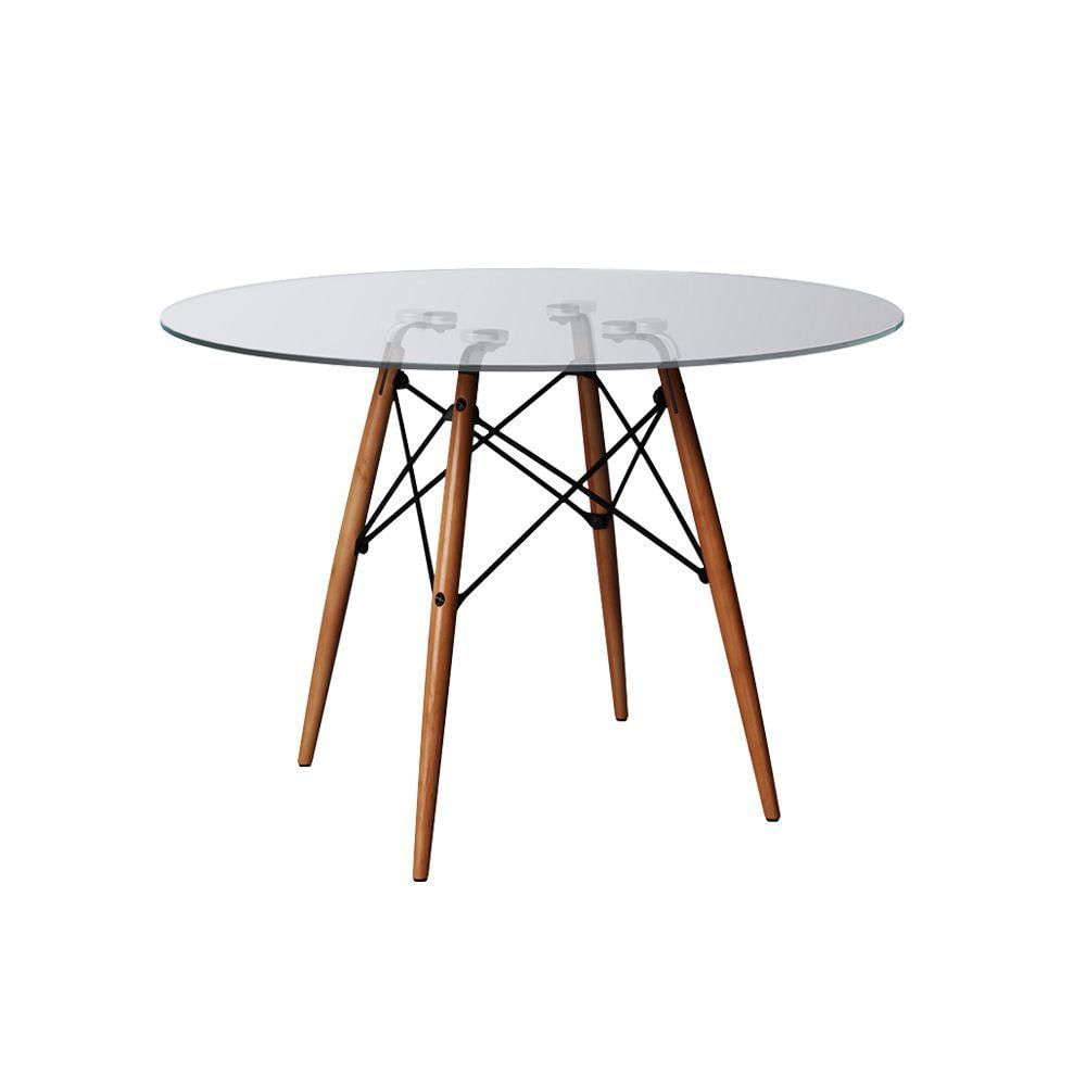 Mesa De Jantar Vidro Eames Eiffel Redonda 110cm Base Madeira Maciça Marrom