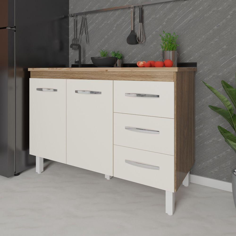 Balcão Armário Gabinete Para Pia De Cozinha 118 Cm Bruna 2 Portas E 3 Gaveta Off White