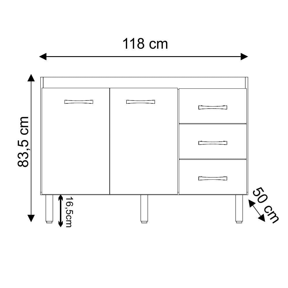 Balcão Armário Gabinete Para Pia De Cozinha 118 Cm Bruna 2 Portas E 3 Gaveta Branco