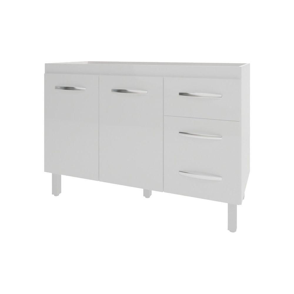 Balcão Armário Gabinete Para Pia De Cozinha 118 Cm Bruna 2 Portas E 3 Gaveta Branco