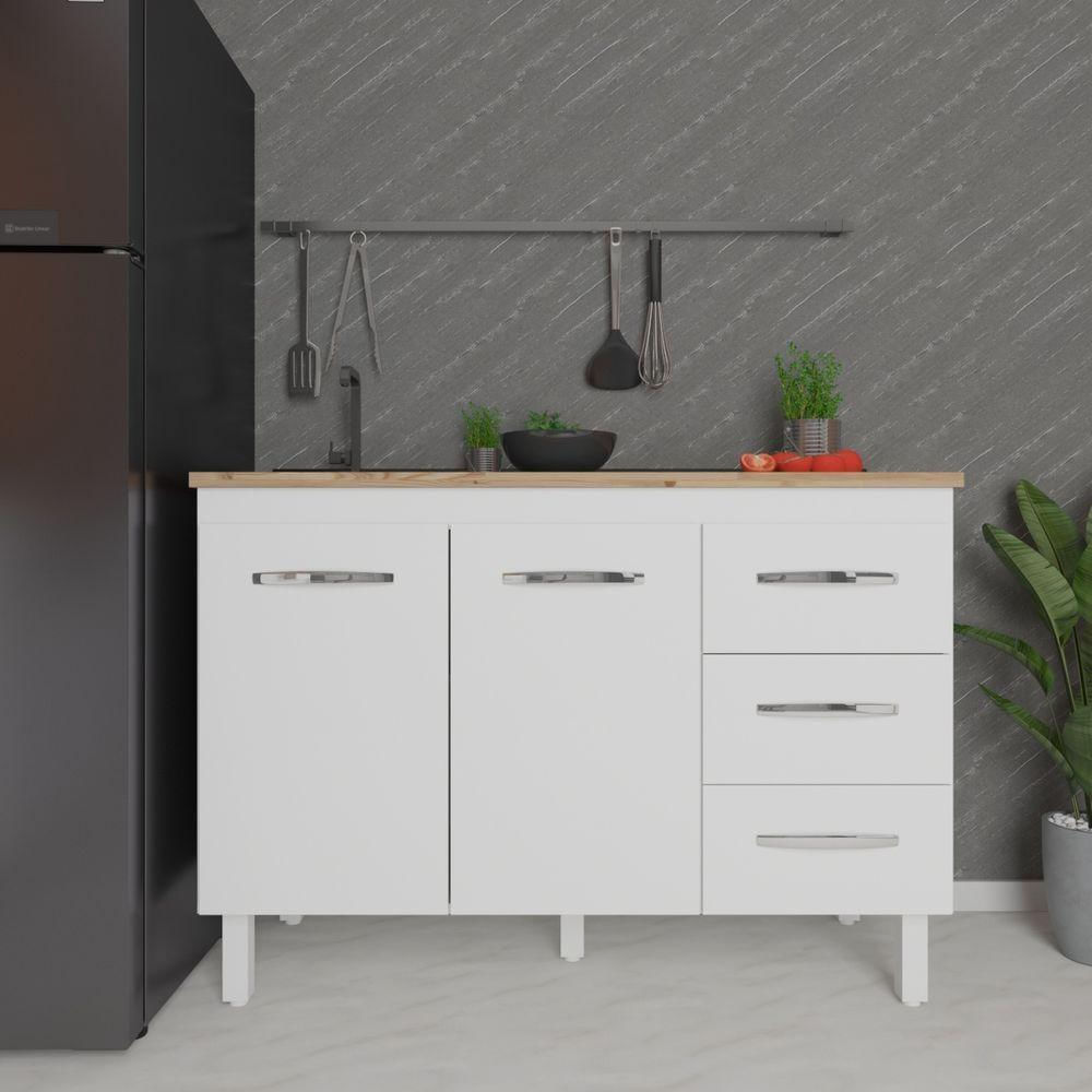 Balcão Armário Gabinete Para Pia De Cozinha 118 Cm Bruna 2 Portas E 3 Gaveta Branco