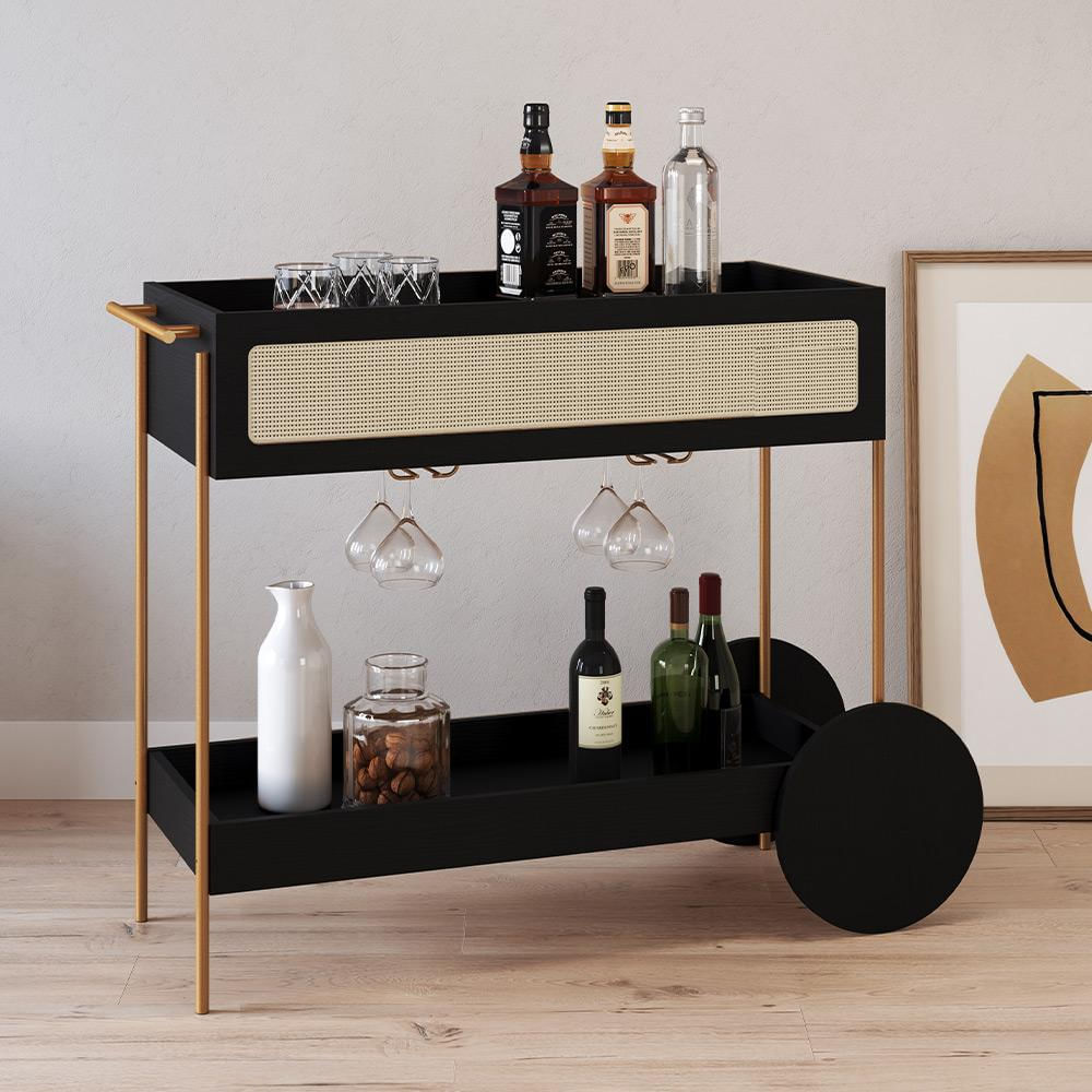 Carrinho Bar Com Porta Taças Industrial Indy A03 Nero Dourado - Lyam Decor