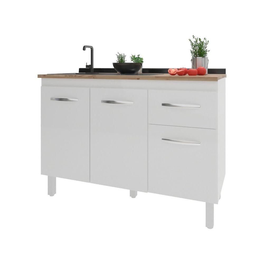 Balcão Armário Gabinete Para Pia De Cozinha 118 Cm Aline 3 Portas E 1 Gaveta Branco