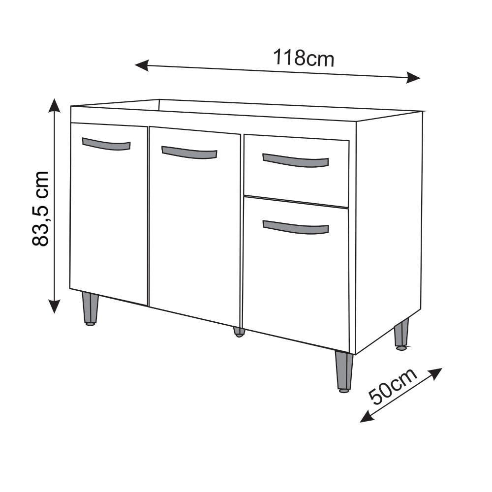 Balcão Armário Gabinete Para Pia De Cozinha 118 Cm Aline 3 Portas E 1 Gaveta Branco