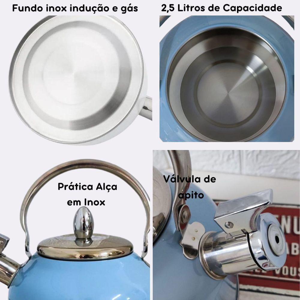 Chaleira Inox Apito 2,5 Lt Retrô Fogão Indução Gás Azul