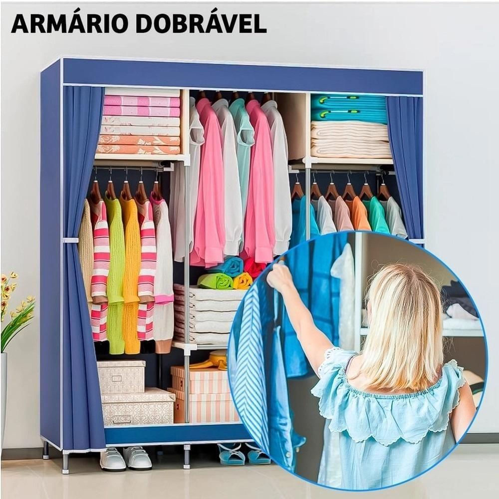 Guarda Roupa Portatil Grande Armario Sapateira Cabideiro Arara Praia Camping Viagem Prateleiras Organizador 175cm