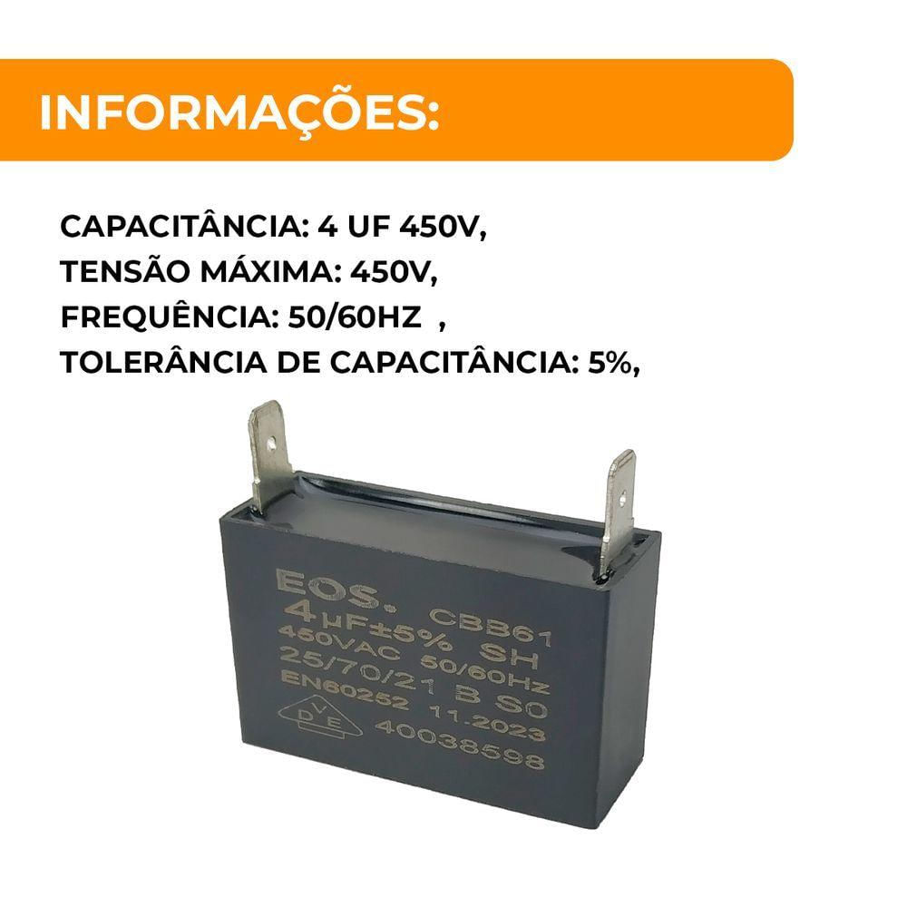 Capacitor Permanente Caixa Preto 4 Uf 450v Quadrado