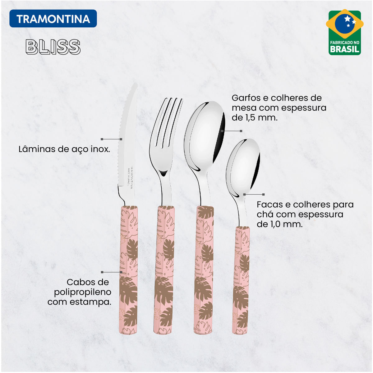 Faqueiro Tramontina Bliss com Lâminas em Aço Inox e Cabos de Polipropileno Rosa Pastel 16 Peças