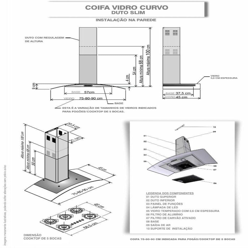 Coifa de Parede Vidro Curvo Terim 75 cm - 5 Bocas Inox 110V