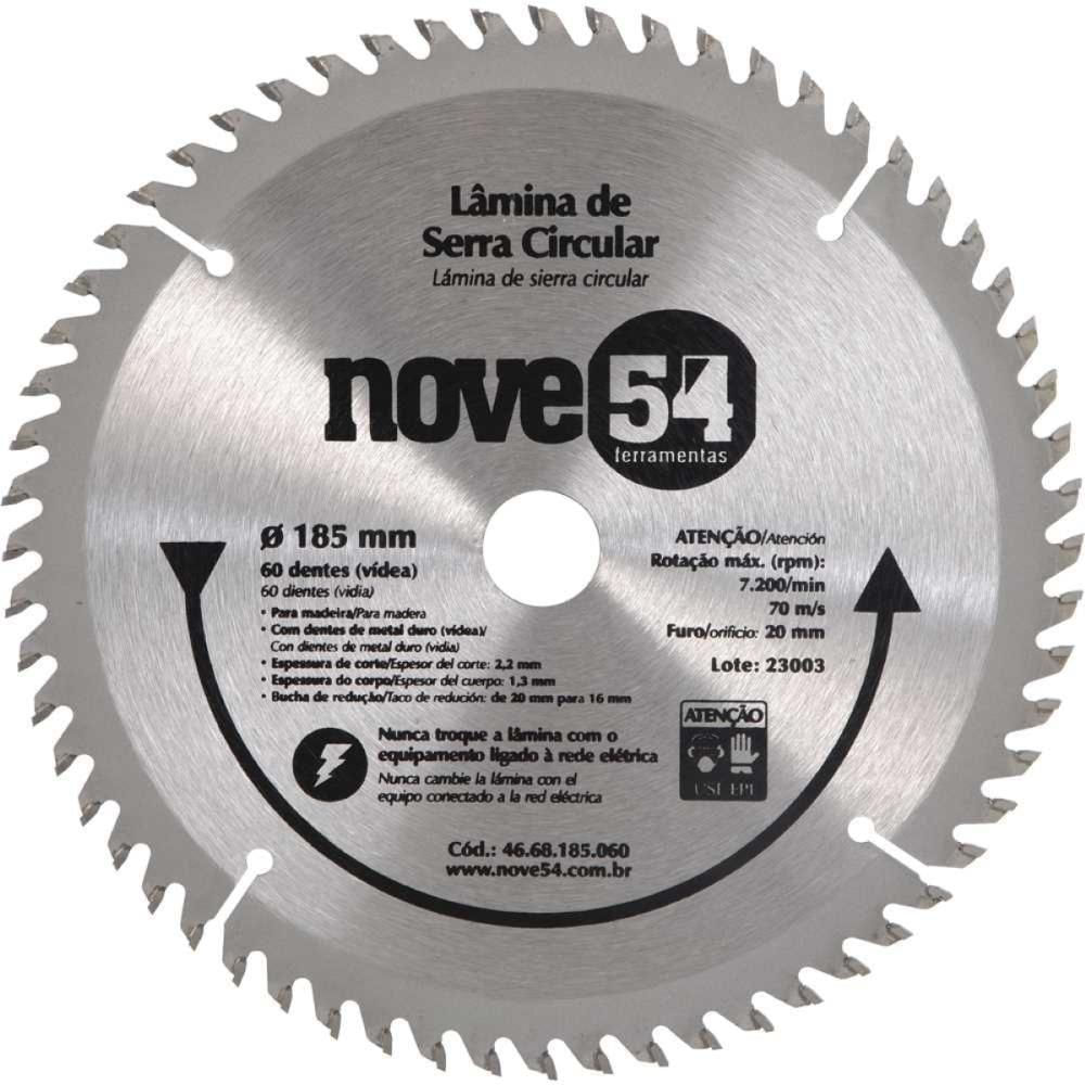 Lâmina Serra Circular Vídea 185mm 60 Dentes Furo 20mm Nove54