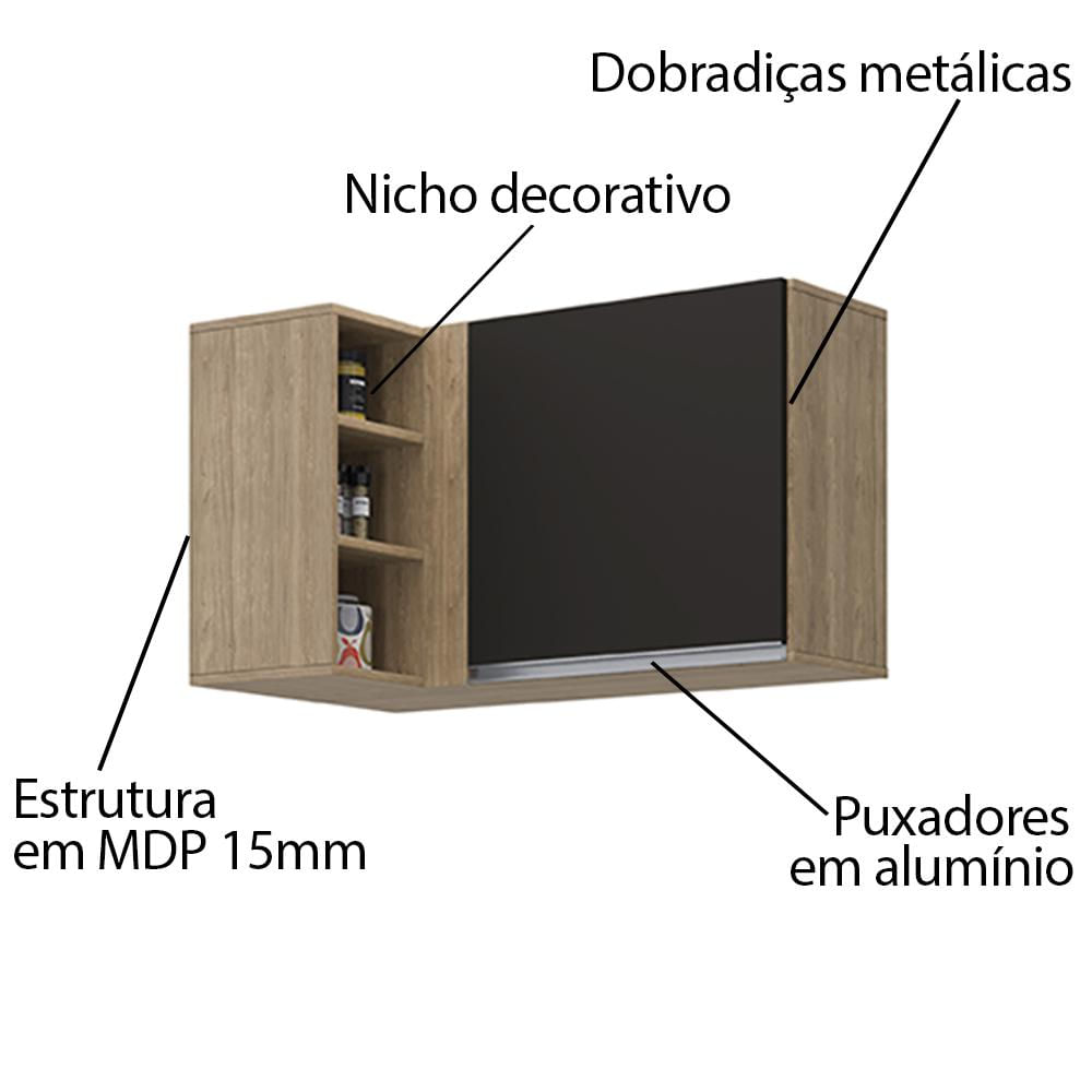 Armário Aéreo de Canto Reto Com Nicho Adega Austin Castanho/Preto - Lumil