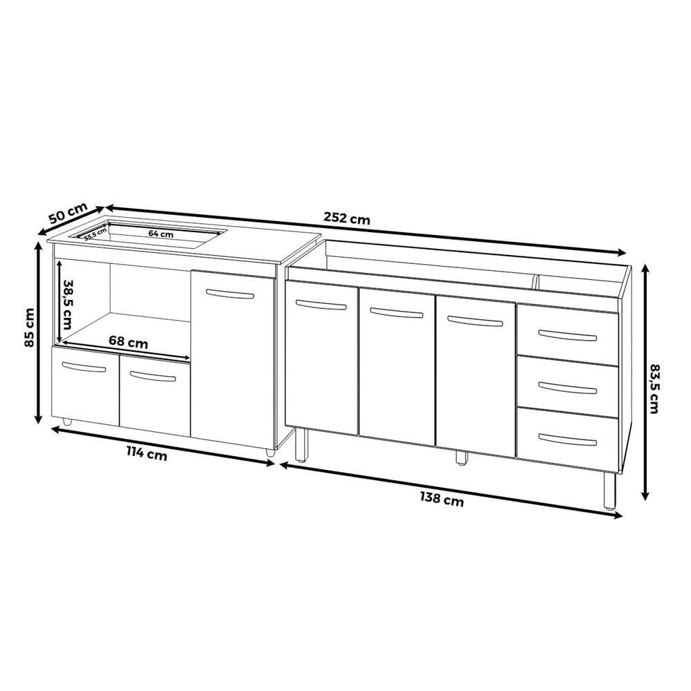 Armário Cozinha Carine Gabinete De Pia 140 Cm E Balcão Alana Para Cooktop 5 Bocas E Forno Ou Microondas Preto