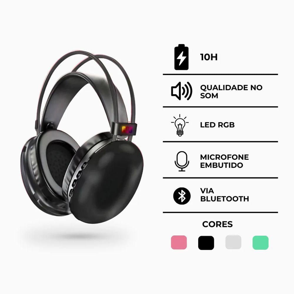 Headset Fone De Ouvido Sem Fio Bluetooth V5.3 Com Led Disco Pulse Pro