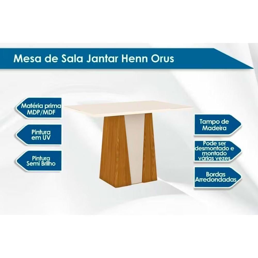 Sala de Jantar Completa Orus c/ Tampo Madeirado 120x80cm e 4 Cadeiras Vita Nature/Off White - Linho Bege - Henn