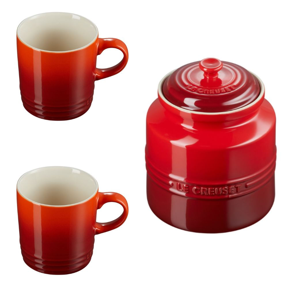 KIT LE CREUSET 2 CANECAS 350ML E POTE DE BISCOITO EM CERÂMICA VERMELHO