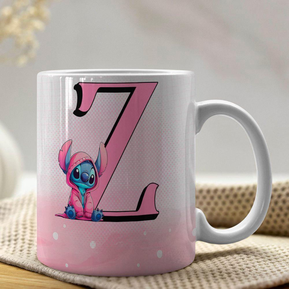 Caneca De Porcelana Stitch Letras A-z 325ml Rosa Z