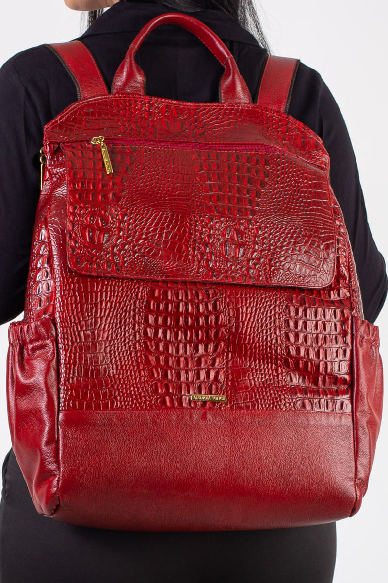 Mochila antifurto de couro croco Suzana Vermelho