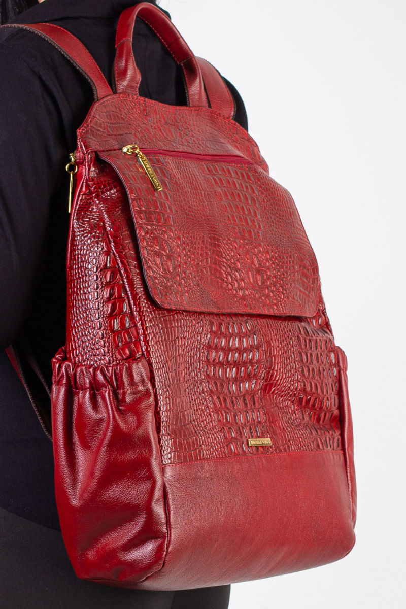 Mochila antifurto de couro croco Suzana Vermelho