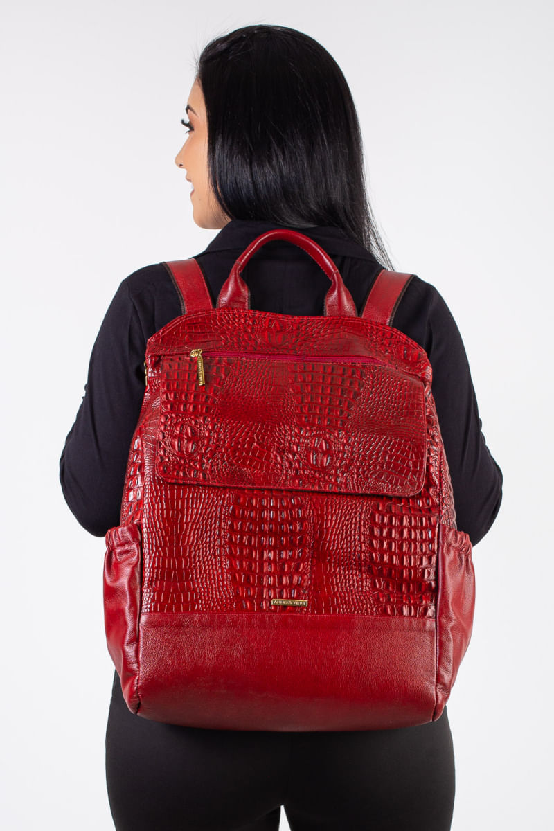 Mochila antifurto de couro croco Suzana Vermelho