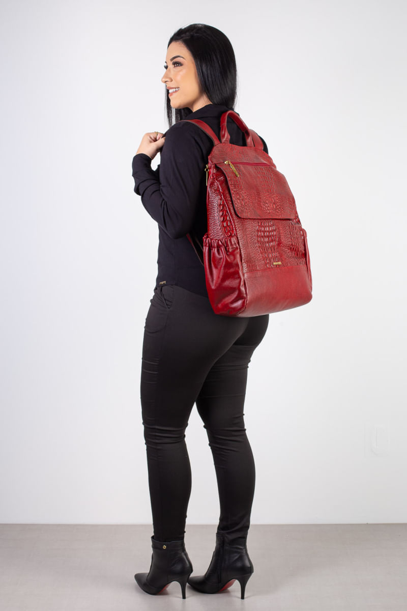 Mochila antifurto de couro croco Suzana Vermelho