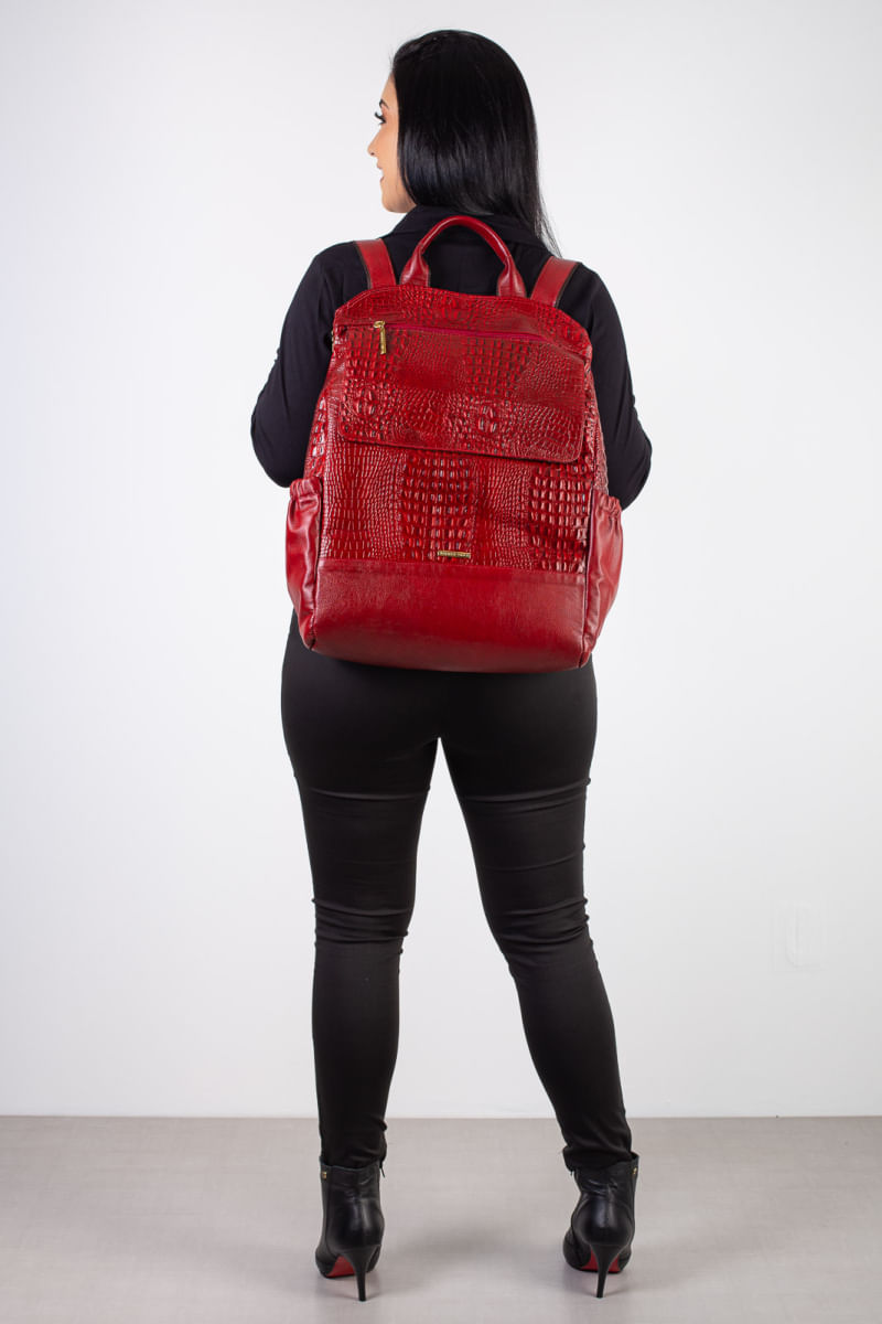 Mochila antifurto de couro croco Suzana Vermelho