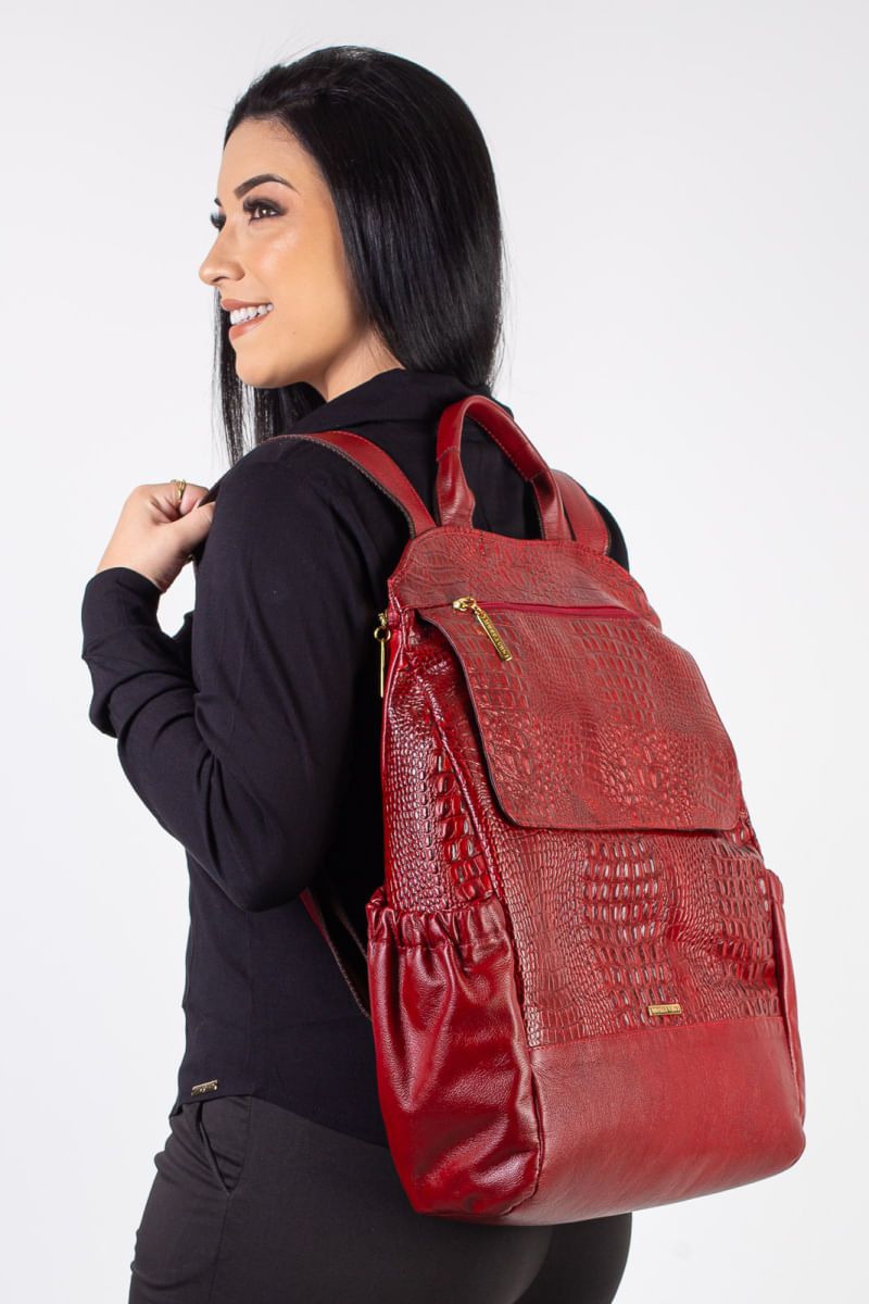 Mochila antifurto de couro croco Suzana Vermelho