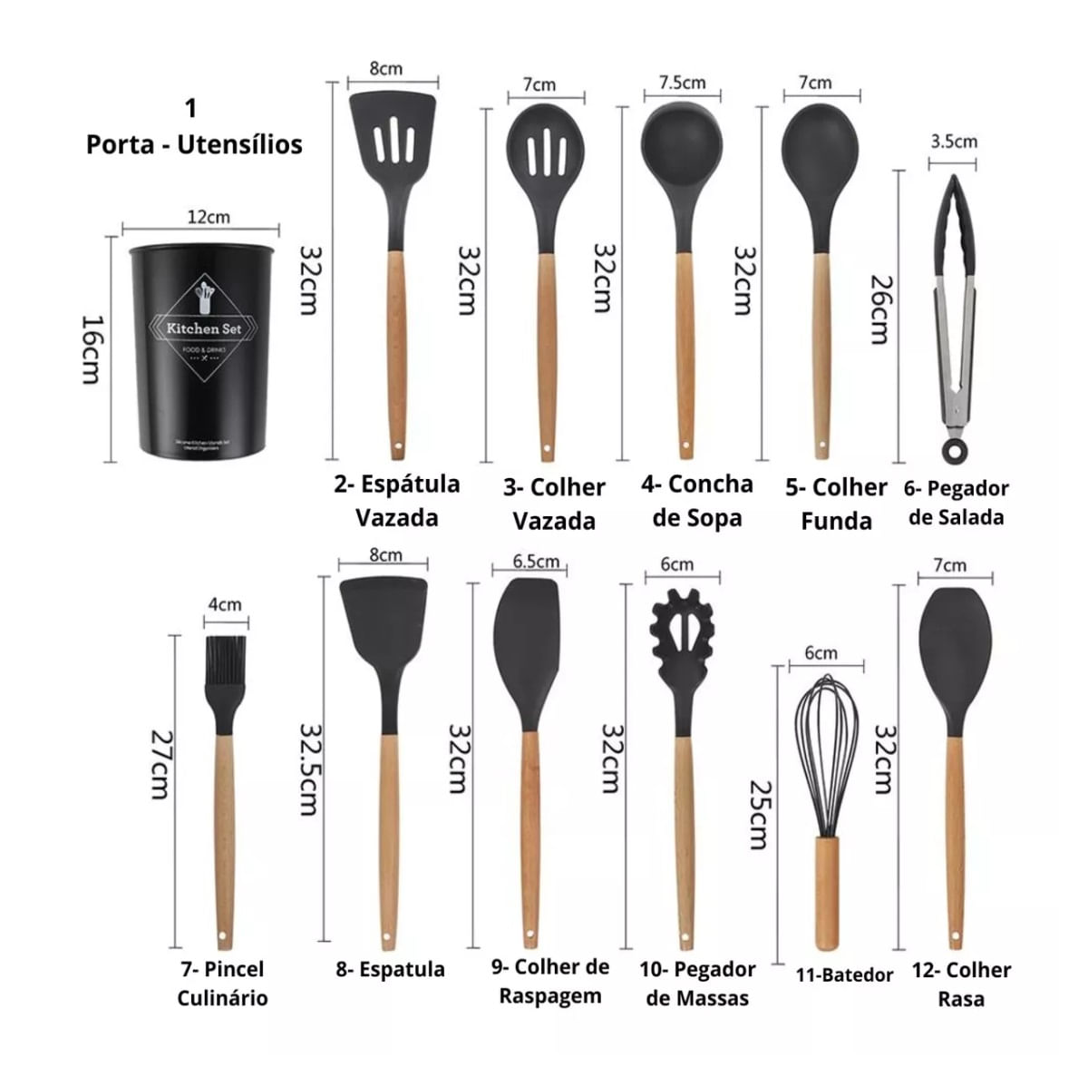 Conjunto De Cozinha De Silicone Concha Pegador Espatula Preto e Cinza