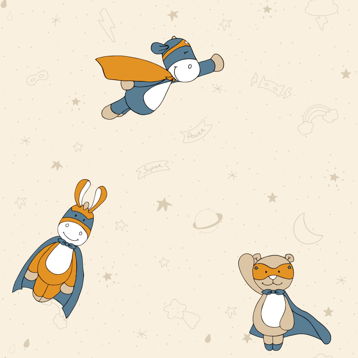 Papel de Parede Fofura Baby Ursinhos Super Heróis Bege e Azul FF4042