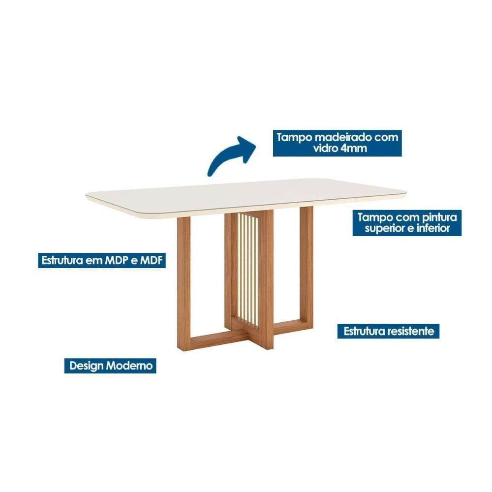 Sala De Jantar Completa Natalí C- Tampo Madeirado C- Vidro Curvo 160x90cm E 6 Cadeiras Milla Nature-veludo Light Linho - Henn