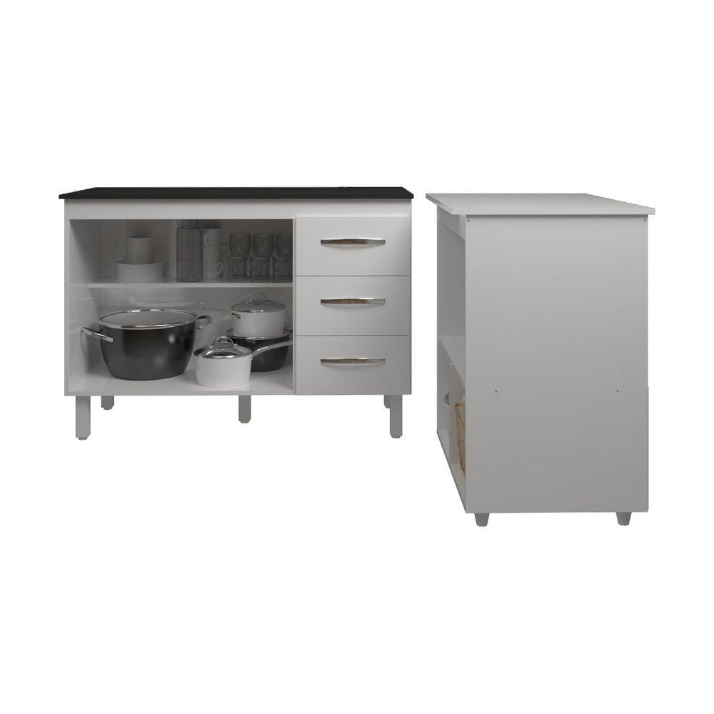 Balcão Armário Gabinete Bruna 118 Cm Branco Com Tampo Preto E Balcão Amanda Para Forno E Microondas Branco