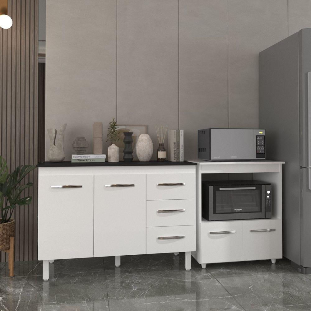 Balcão Armário Gabinete Bruna 118 Cm Branco Com Tampo Preto E Balcão Amanda Para Forno E Microondas Branco