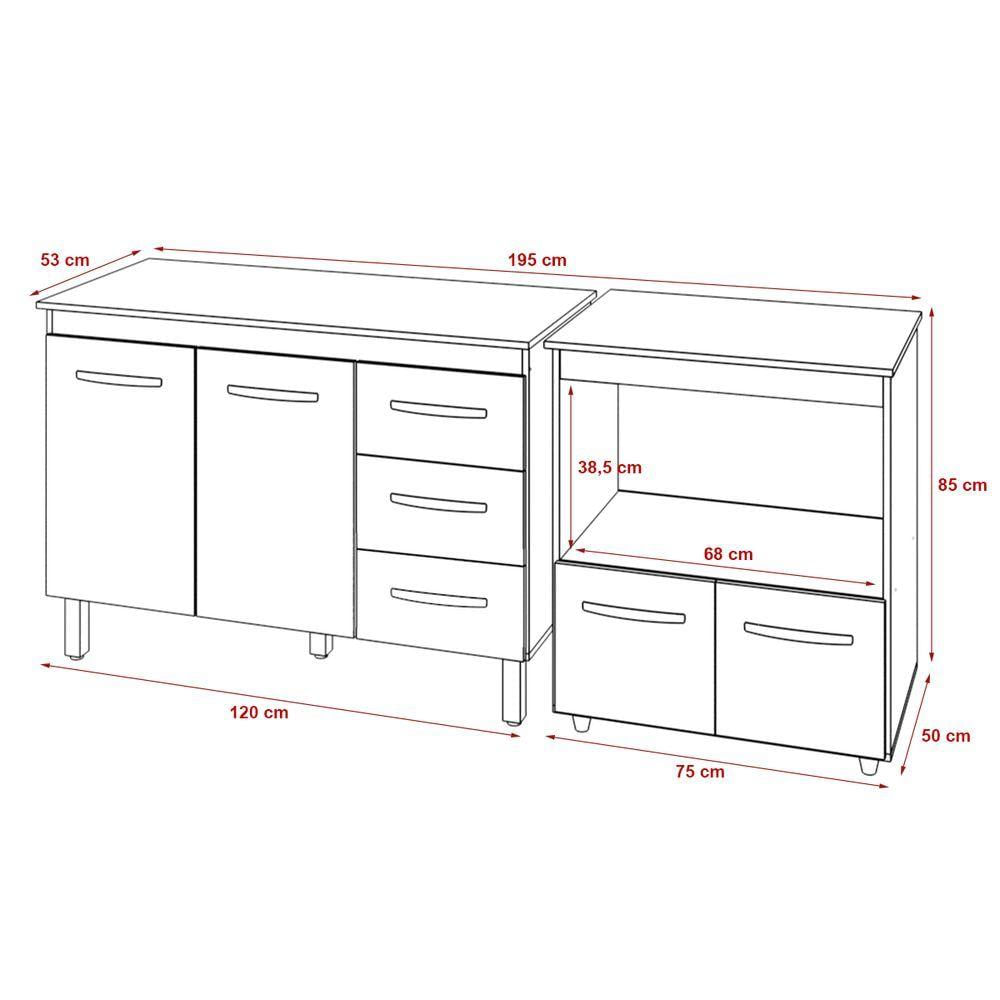 Balcão Armário Gabinete Bruna 118 Cm Branco Com Tampo Preto E Balcão Amanda Para Forno E Microondas Branco