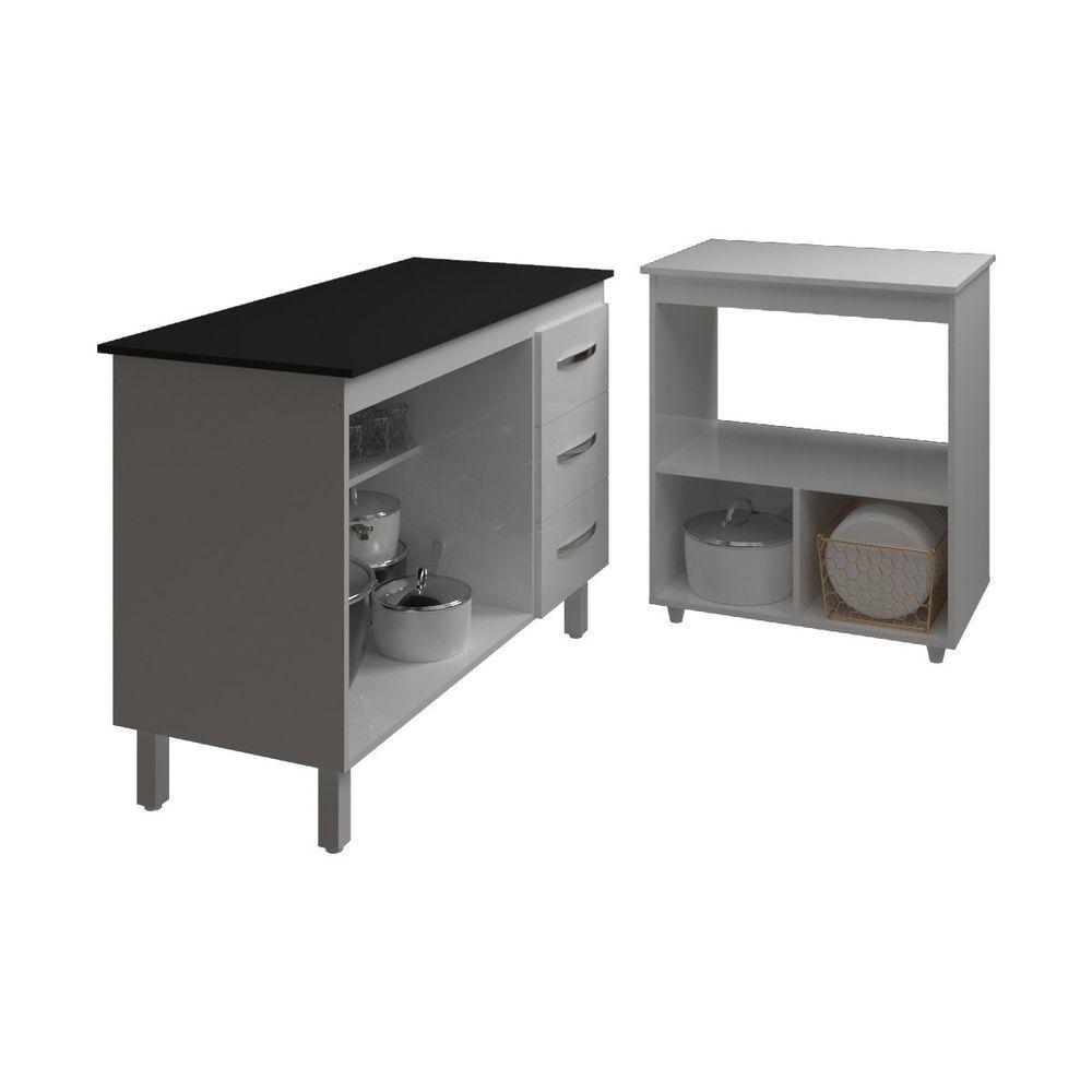 Balcão Armário Gabinete Bruna 118 Cm Branco Com Tampo Preto E Balcão Amanda Para Forno E Microondas Branco