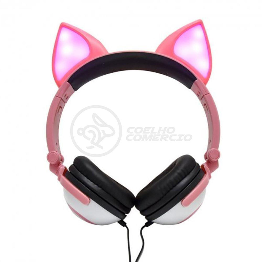 Fone De Ouvido Gatinho Fio Com Led Dobrável Microfone Rosa