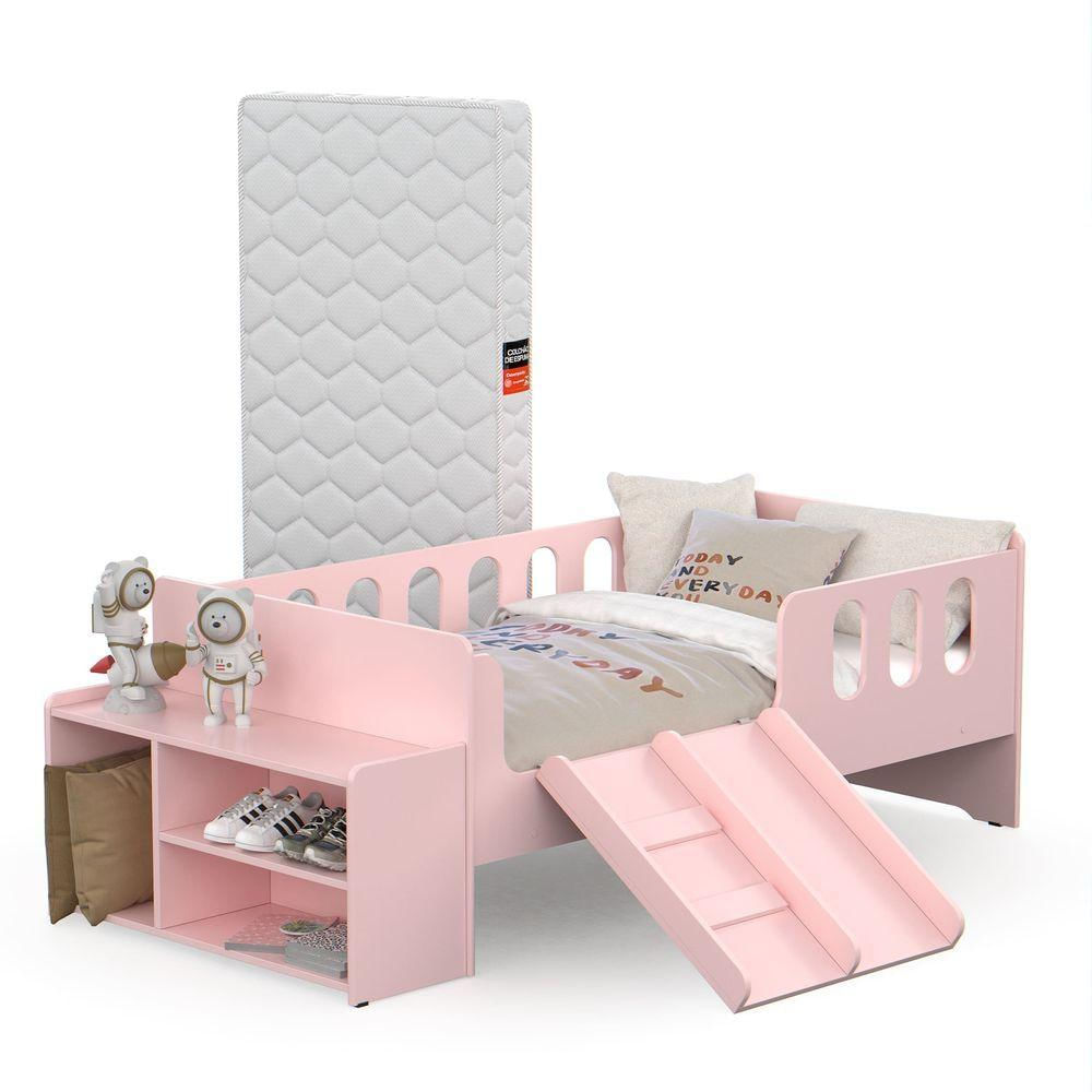 Cama Infantil Montessoriana Baby Conforto Com Colchão Juvenil Escorregador E Sapateira Quarto De Criança Menina Rosa