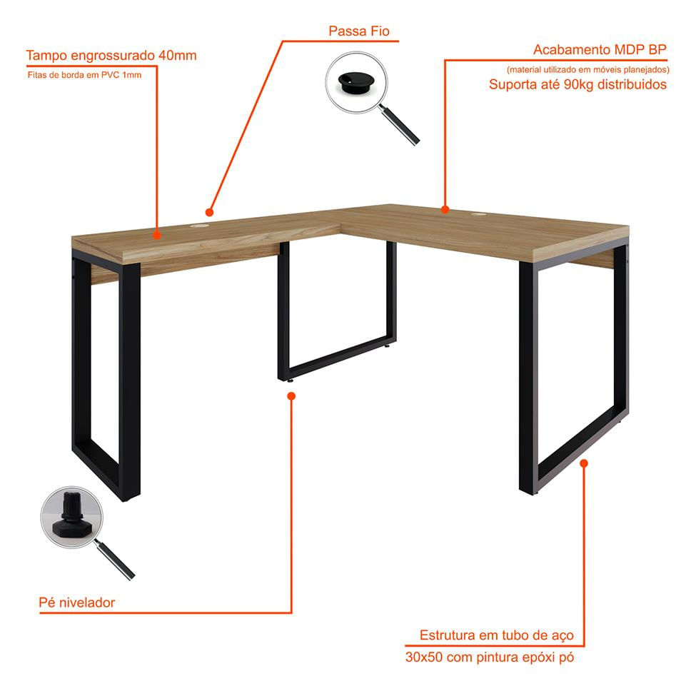 Mesa de Escritório em L Miguel Vermont e Preta 135x150 cm