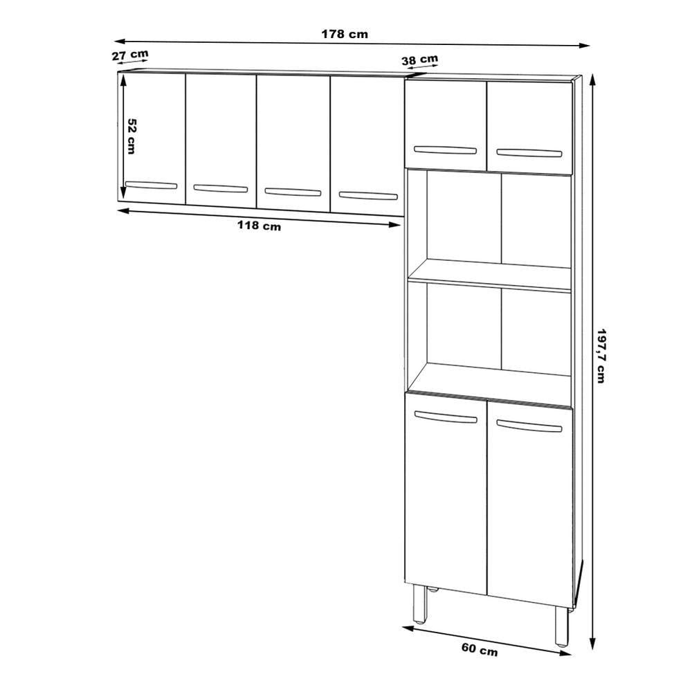 Kit Torre Quente Paneleiro 4 Portas 2 Nichos E Armário Suspenso Aéreo 4 Portas 118cm Modulado De Cozinha Preto