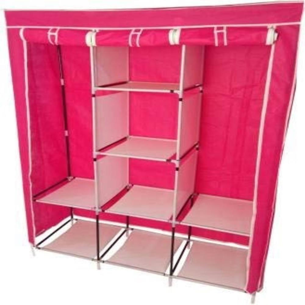 Guarda Roupa Cabideiro Portatil Prateleiras Dobravel Armario Arara Grande Organizador Camping Rosa