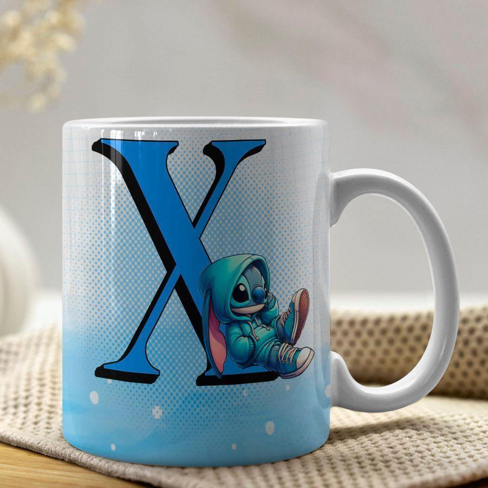 Caneca De Porcelana Stitch Letras A-z 325ml Azul X