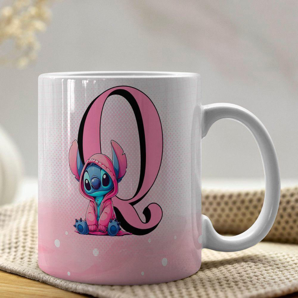 Caneca De Porcelana Stitch Letras A-z 325ml Rosa Q