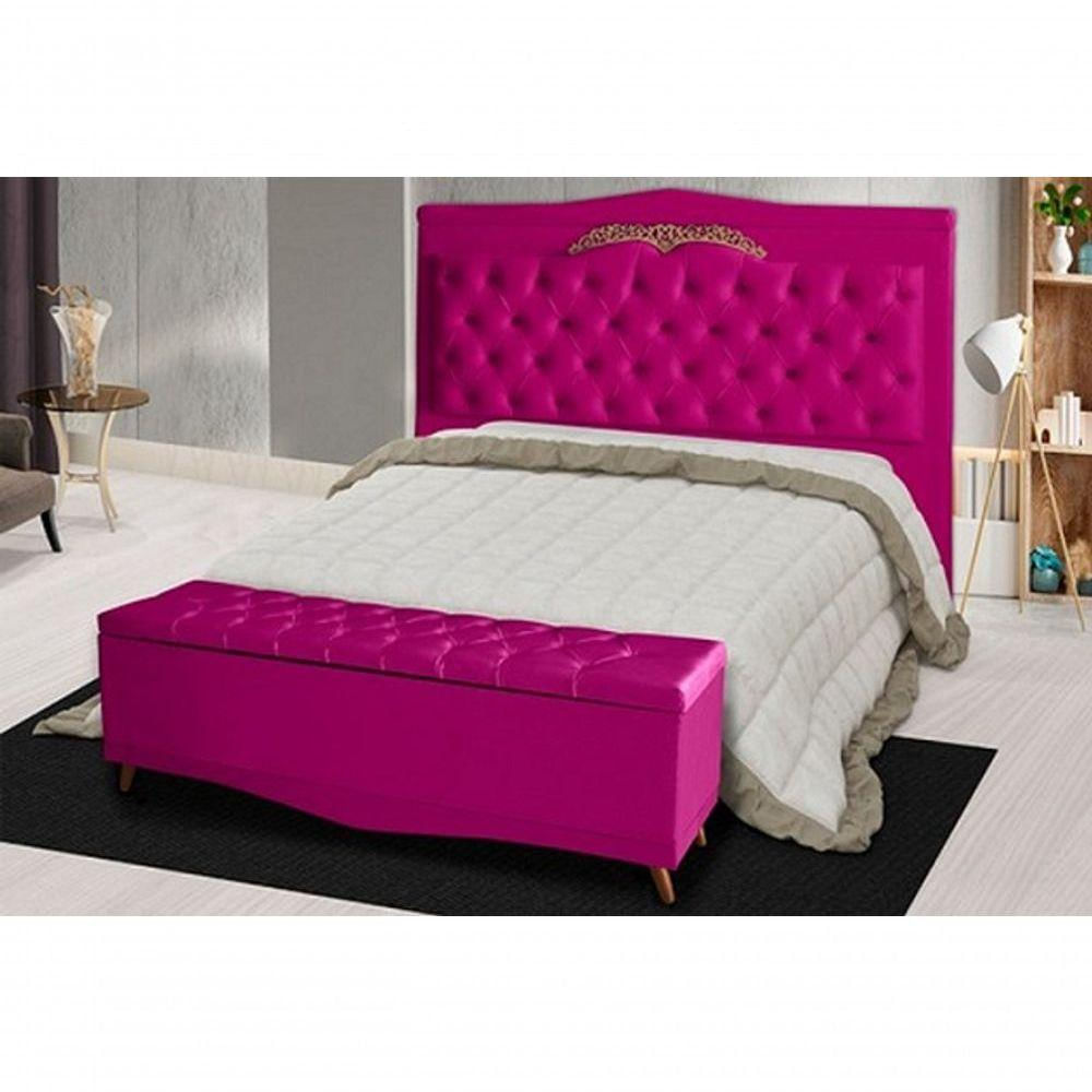 Kit De Cabeceira De Cama Box E Calçadeira Baú Helena Casal 140 Cm Retro Capitonê Suede Rosa Pink Eli Móveis