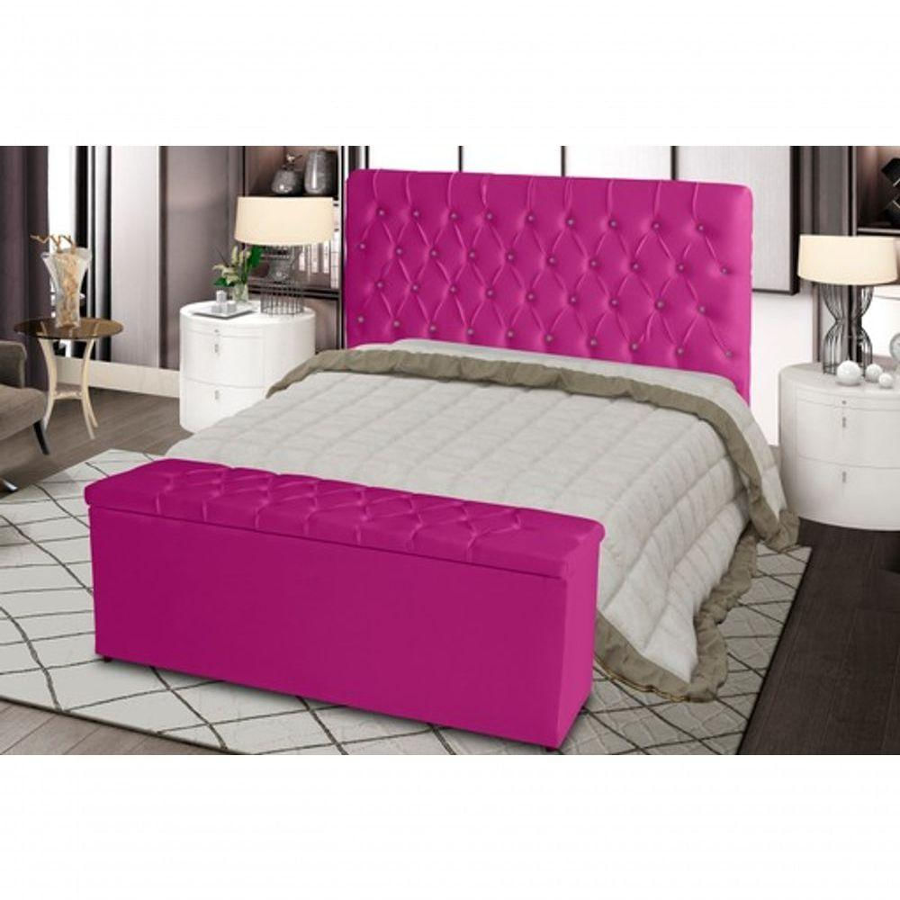 Kit Cabeceira De Cama Box E Calçadeira Baú Paris Casal 140 Cm Capitonê Suede Rosa Pink Eli Móveis