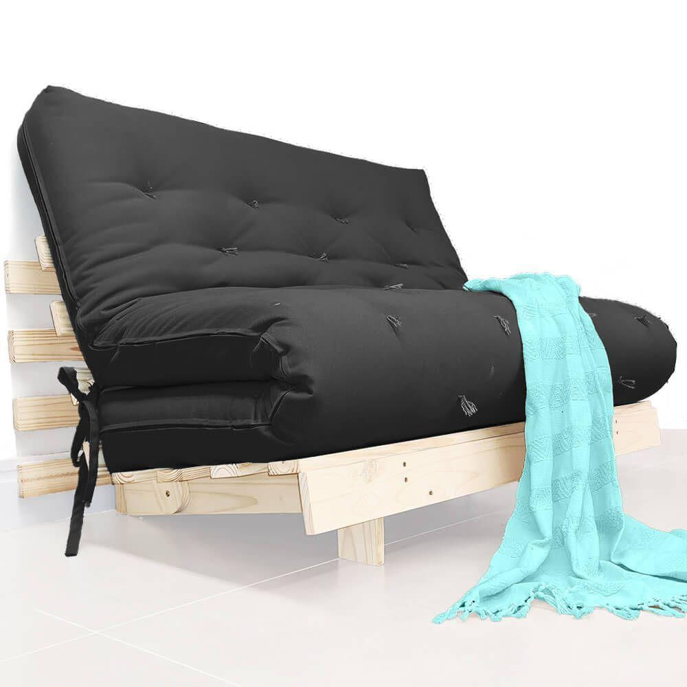 Futon Casal Tokio Sofa Cama Preto Com Madeira Maciça