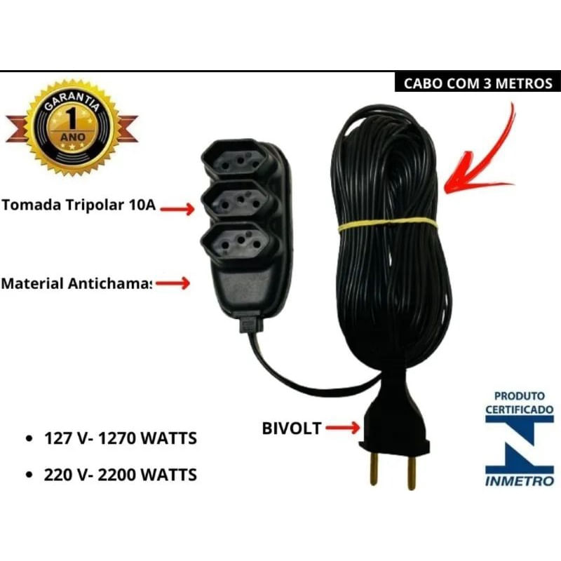 Extensão Elétrica 3 Metros Tripolar 3 Saídas Bivolt Preto