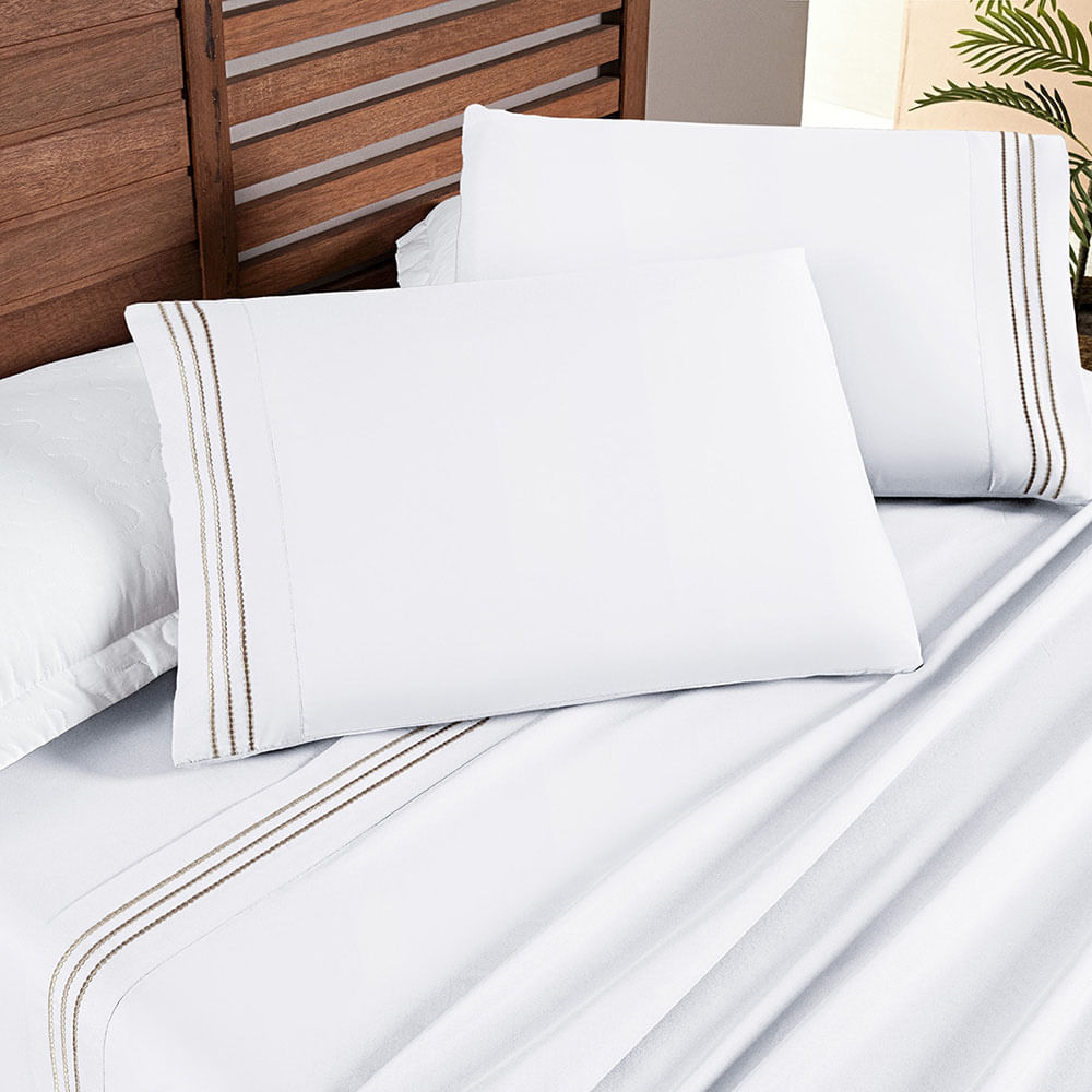 Jogo Cama Lençol Honore Casal Padrão Micro Percal 200 Fios c/ Detalhes Bordados 4 Peças - Branco Neve Taupe