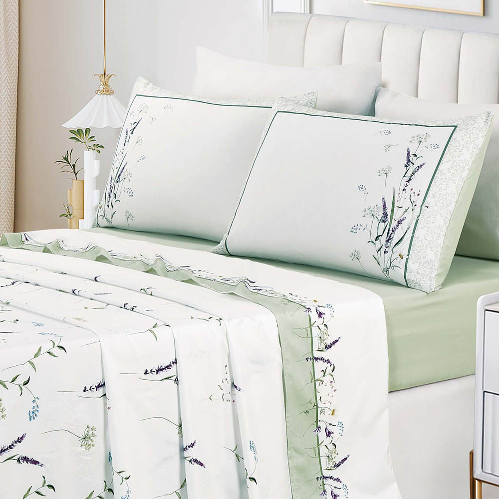 Jogo de Lençol Summer Queen 4 Peças MicroPercal 300 Fios Estampado Floral - Verde Lavanda