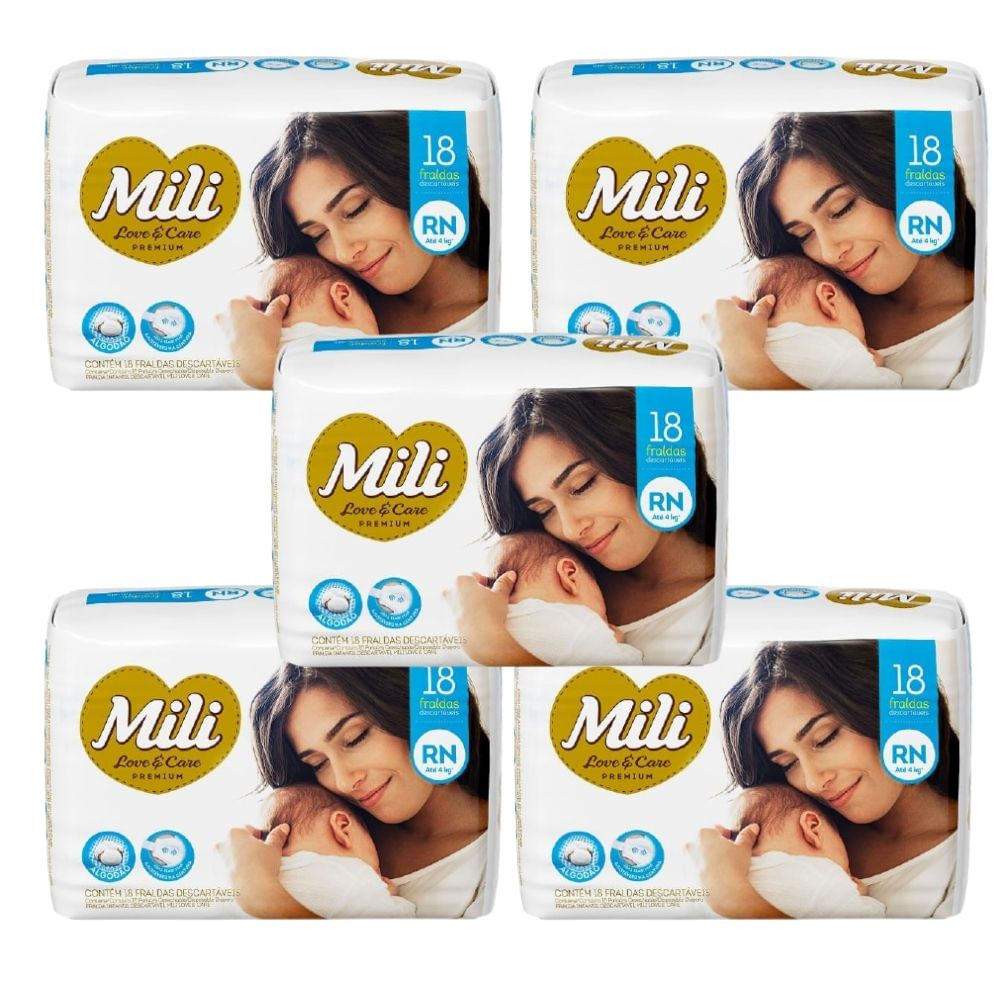 Fralda Descartável MILI Love & Care RN   5 pacotes c/ 18 fraldas (Total: 90 fraldas)  Premium