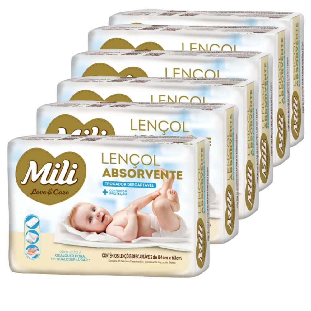 Trocador Descartável  Lençol Absorvente Mili Love & Care  6 Pacotes c/ 5 ( Total 30 lençóis)