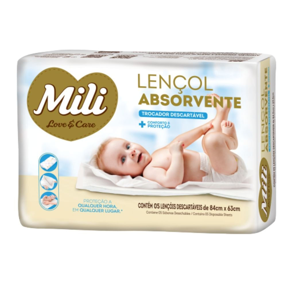 Trocador Descartável  Lençol Absorvente Mili Love & Care  6 Pacotes c/ 5 ( Total 30 lençóis)